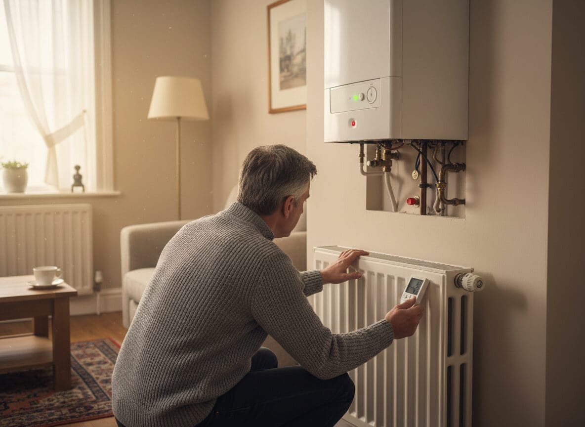 No heating boiler working Homeowner checking a boiler that appears to run but not produce heat