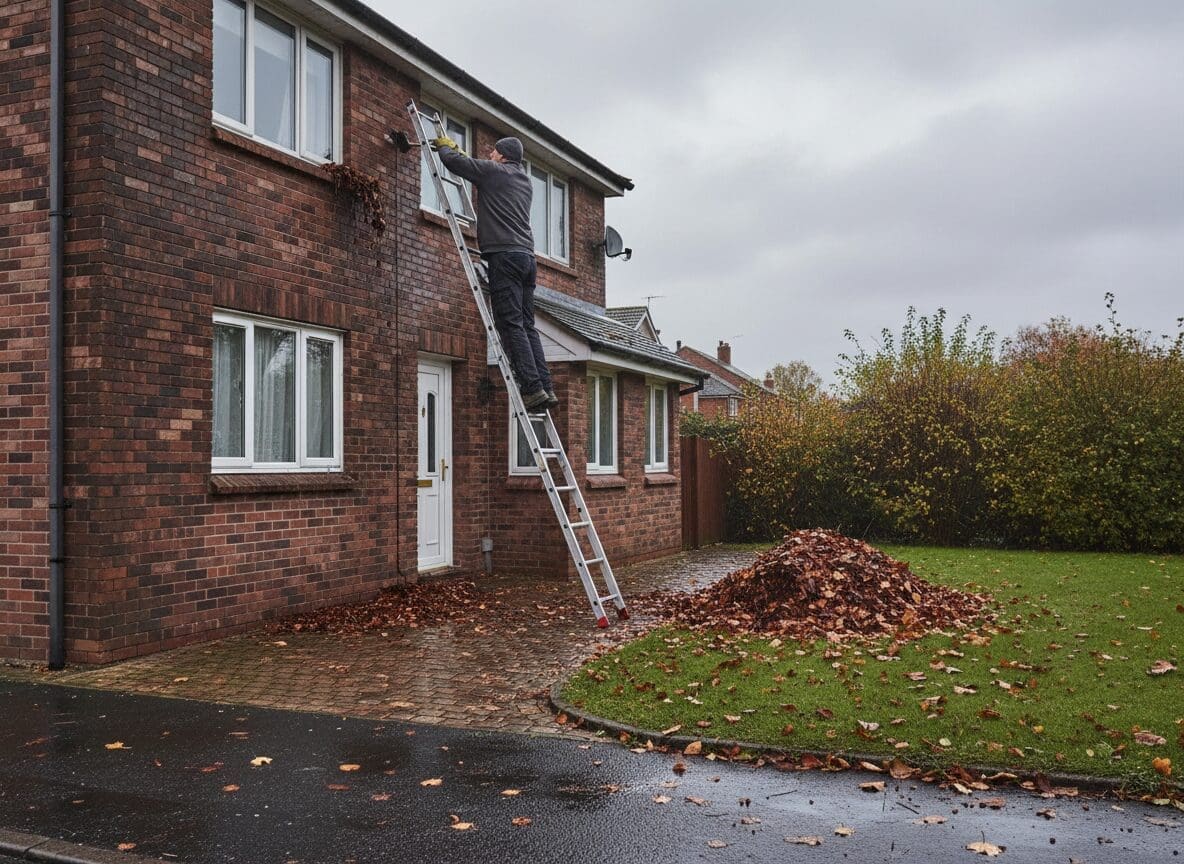 We Fix Yorkshire operative cleaning gutters on ladder at residential property